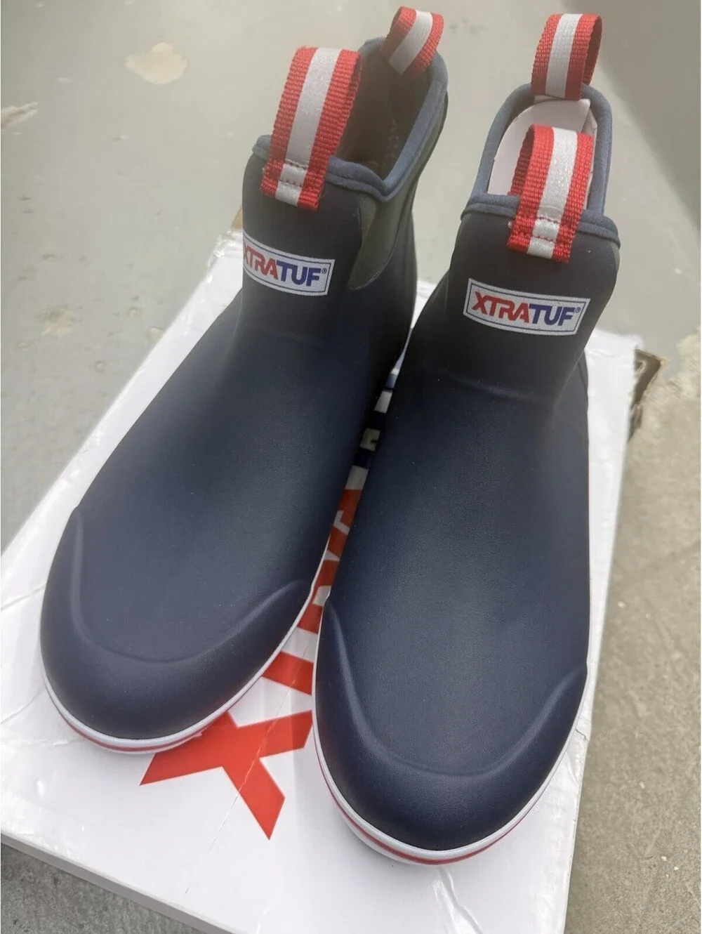 XTRATUF 22733 Ankle Deck Boots Men’s Size 8 Navy Red Waterproof Slip Resistant